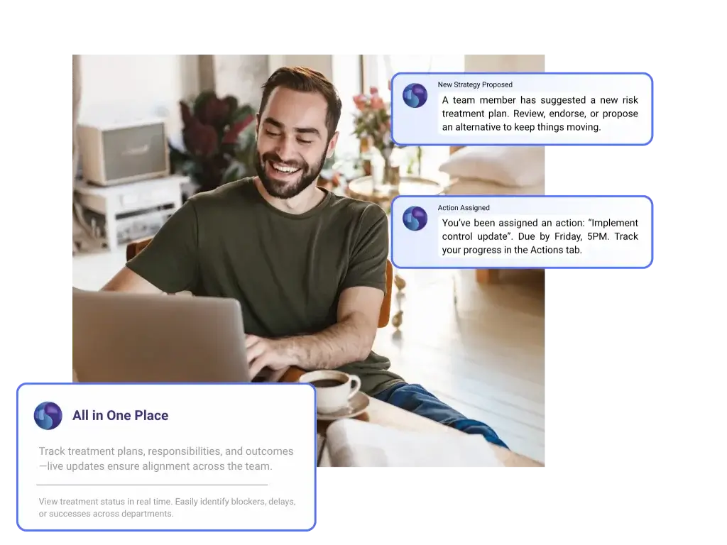 Dashboard view of Symbiant’s Risk Workshops treatment phase—users collaborating on mitigation strategies, assigning action items with owners and deadlines, and tracking real-time progress.