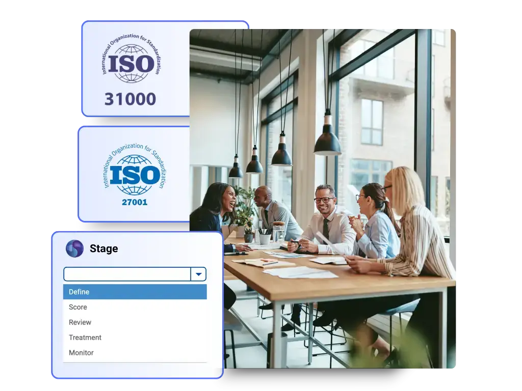 Symbiant’s Risk Workshops Module visualised through a four-stage collaborative workflow—Identify, Measure, Treat, and Monitor—aligned with ISO 31000. Showcases how Symbiant, a human-first, AI-en