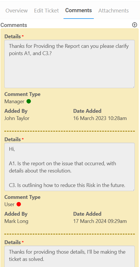A Screenshot of the Service Desk Comment Section.