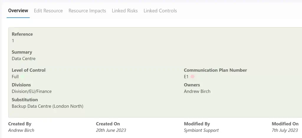 A Screenshot of the Business Continuity Planning module record details with various fields of data.