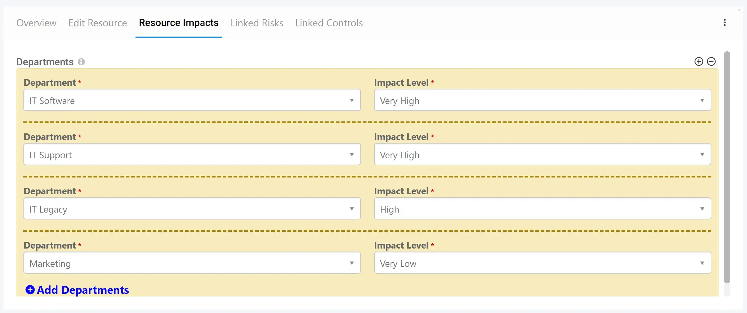 A Screenshot of the Business Continuity Planning module record details with impact assessments for different departments.