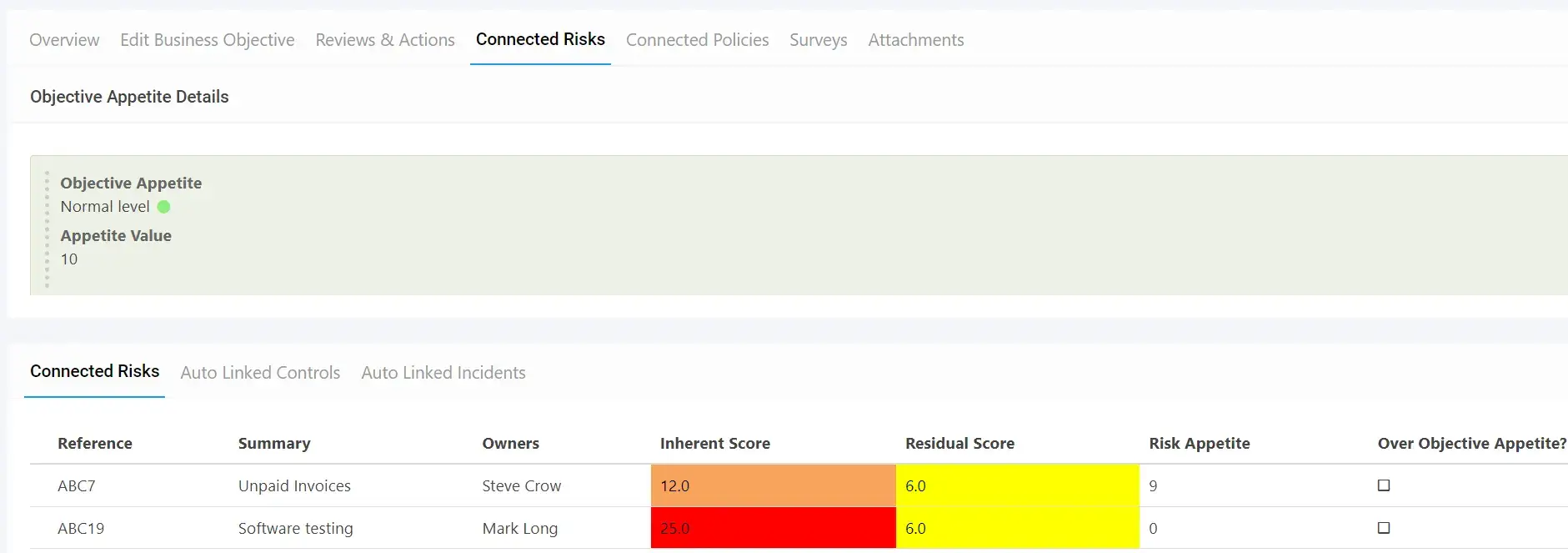 A Screenshot of the Business objective module records- showing the connected risks.