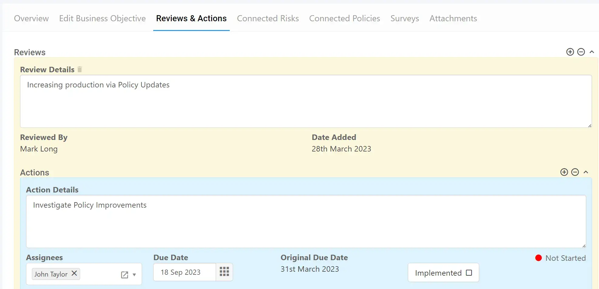 A Screenshot of the Business objective module records- showing the reviews and actions.