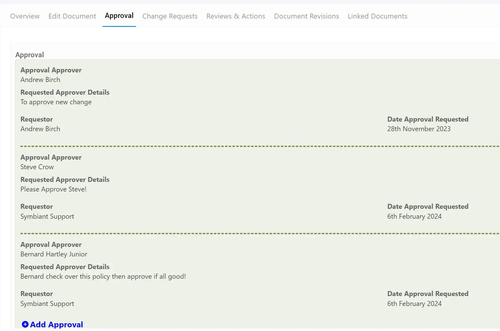 A Screenshot of the Document Management module approval details.