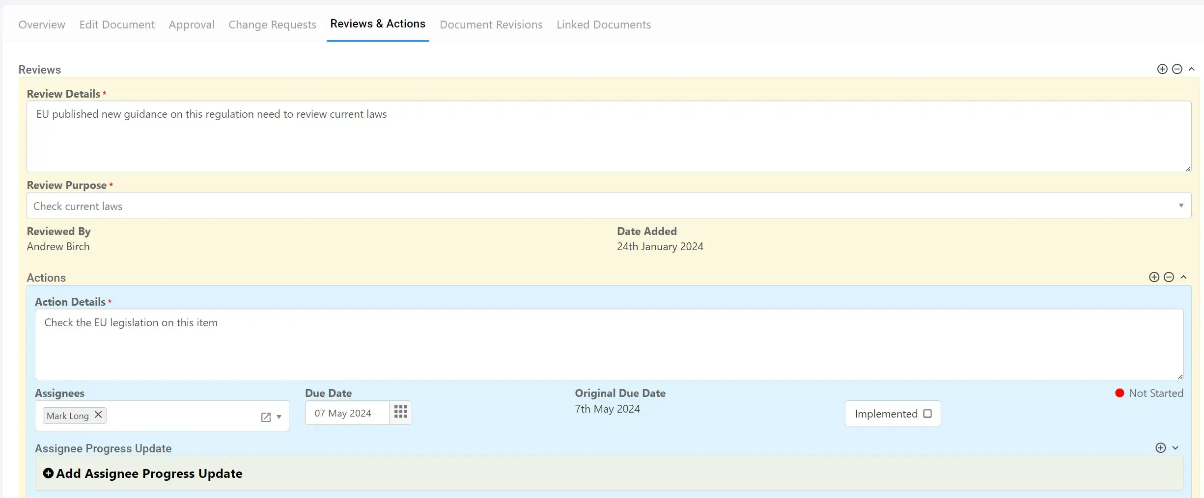 A Screenshot of the Document Management module reviews and actions.