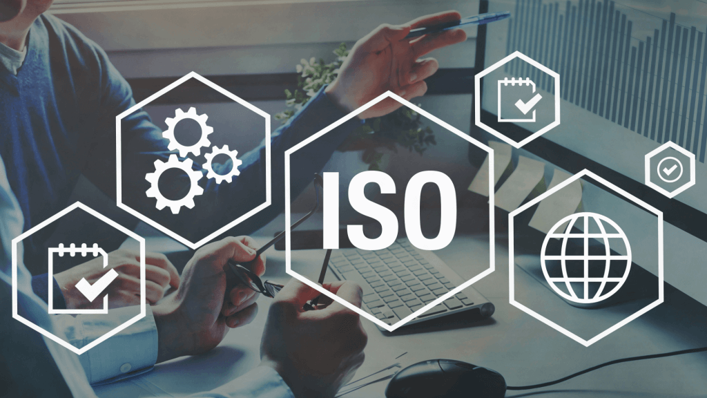 Six hexagons with various symbols inside, A globe, cogs and checklists. The centre hexagon has the letters ISO.