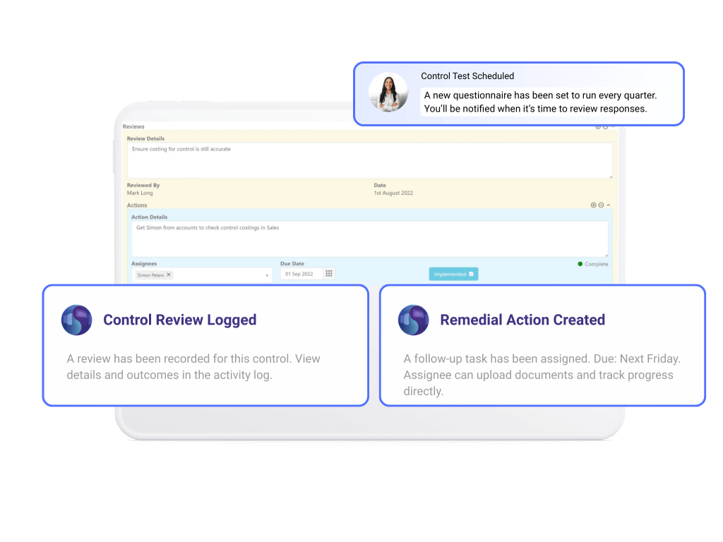 Symbiant Controls and Policies Module interface showing control reviews, assigned remedial actions with deadlines, and uploaded supporting documents. Features real-time dashboards for Risk and Control Self-Assessments (RCSA) and dynamic