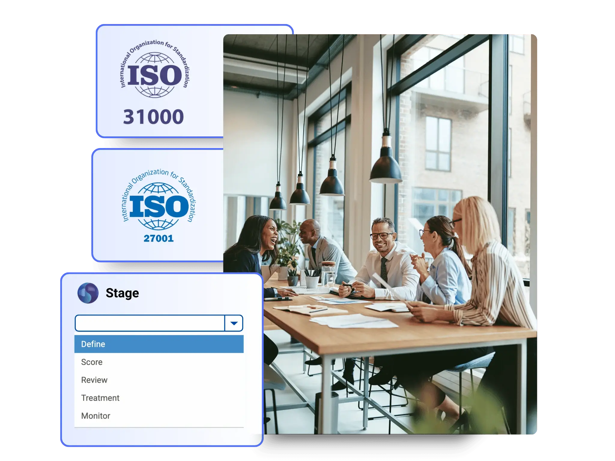 Symbiant’s Risk Workshops Module visualised through a four-stage collaborative workflow—Identify, Measure, Treat, and Monitor—aligned with ISO 31000. Showcases how Symbiant, a human-first, AI-en