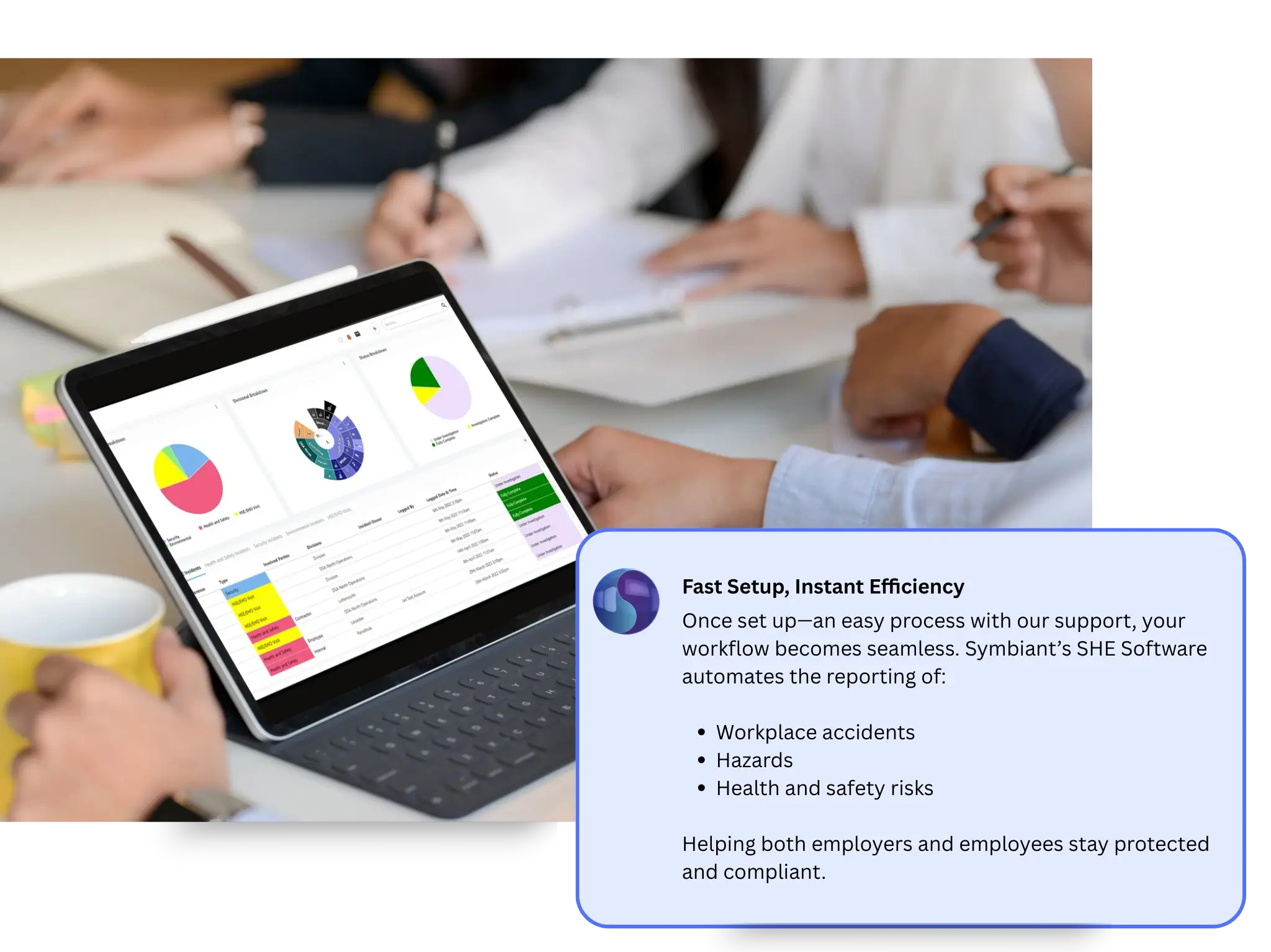 Description of Symbiant’s SHE Software highlighting fast setup, automated accident and hazard reporting, and its UK-based development and support, ensuring regulatory alignment and local service
