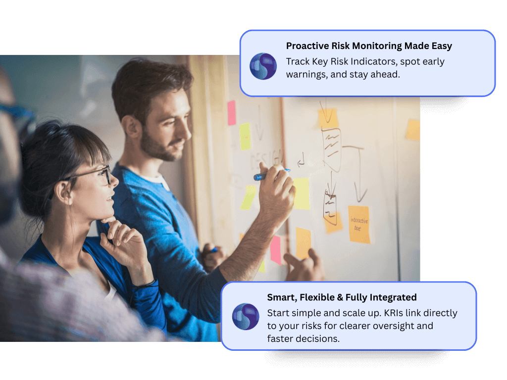 Interactive KRI dashboard showing colour-coded risk indicators—green, amber, and red—used to filter and prioritise risks. The visual highlights how users can quickly identify high-priority issues and focus their attention where it’s needed most.