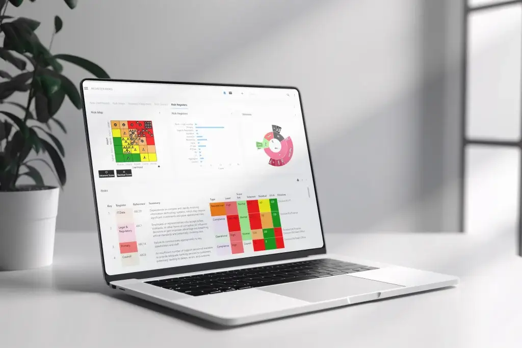 Laptop displaying Symbiant Risk Register module used by Marsh Finance – customisable GRC software for risk identification, assessment, and compliance management