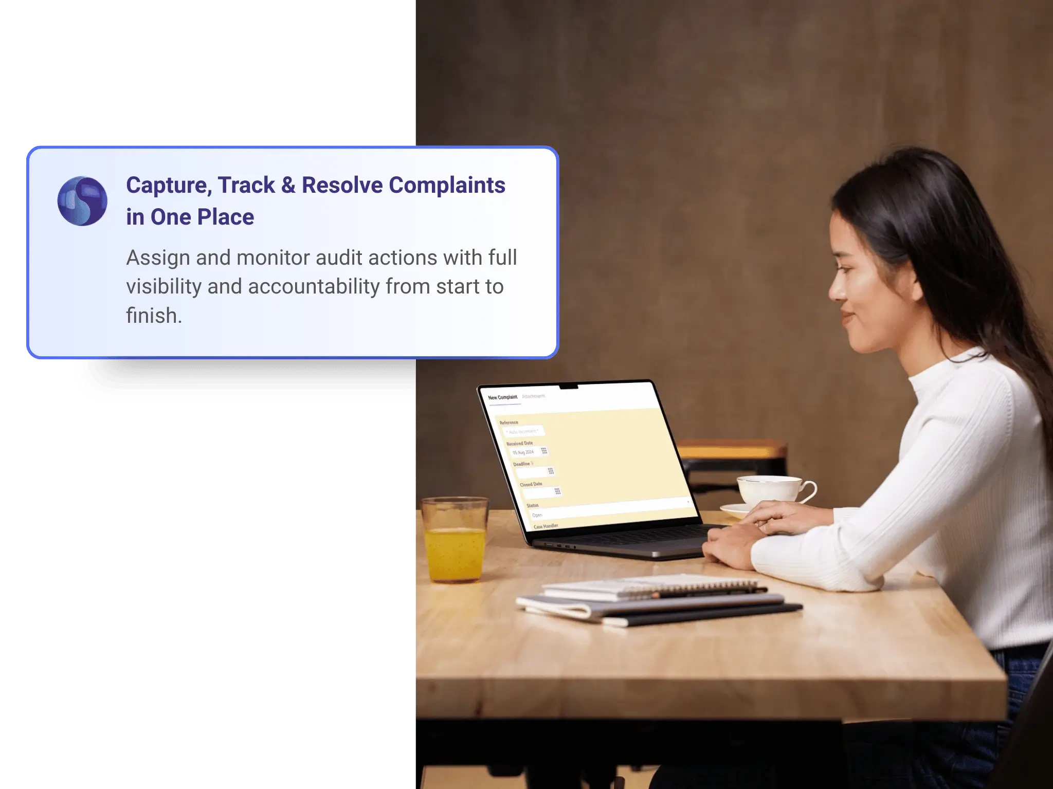 Symbiant Complaint Management Software showing a centralised dashboard with complaint logging, task assignments, and real-time resolution tracking for audit and compliance.webp