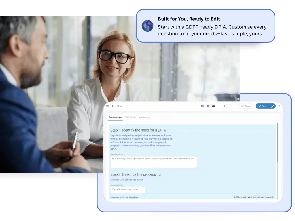 Symbiant DPIA interface showing a customisable, GDPR-compliant assessment form with editable questions tailored to user needs
