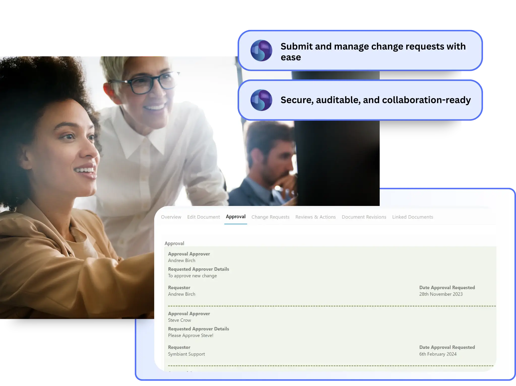 Symbiant Document Management Module showing a secure, structured workflow from draft to publication with controlled change requests, version integrity, and view-only access to approved documents