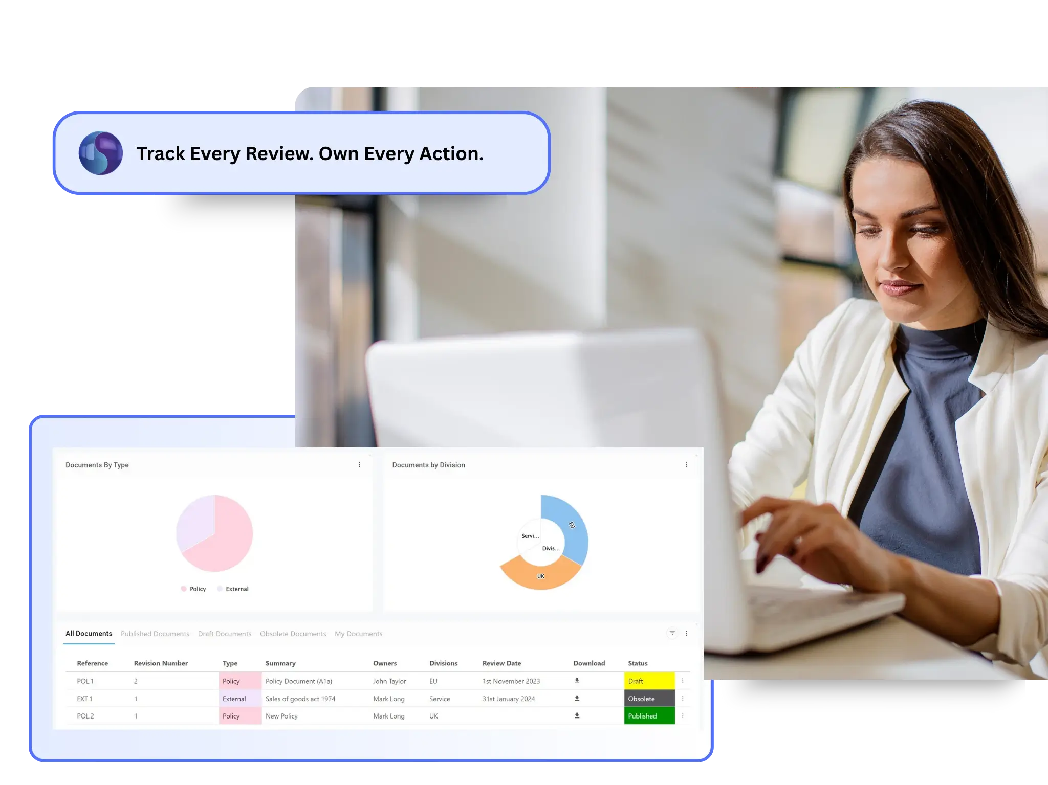 Symbiant Document Module feature highlighting how users can assign actions with due dates, receive automated reminders, and view a centralised audit trail of reviews and tasks linked across the entire document lifecycle.