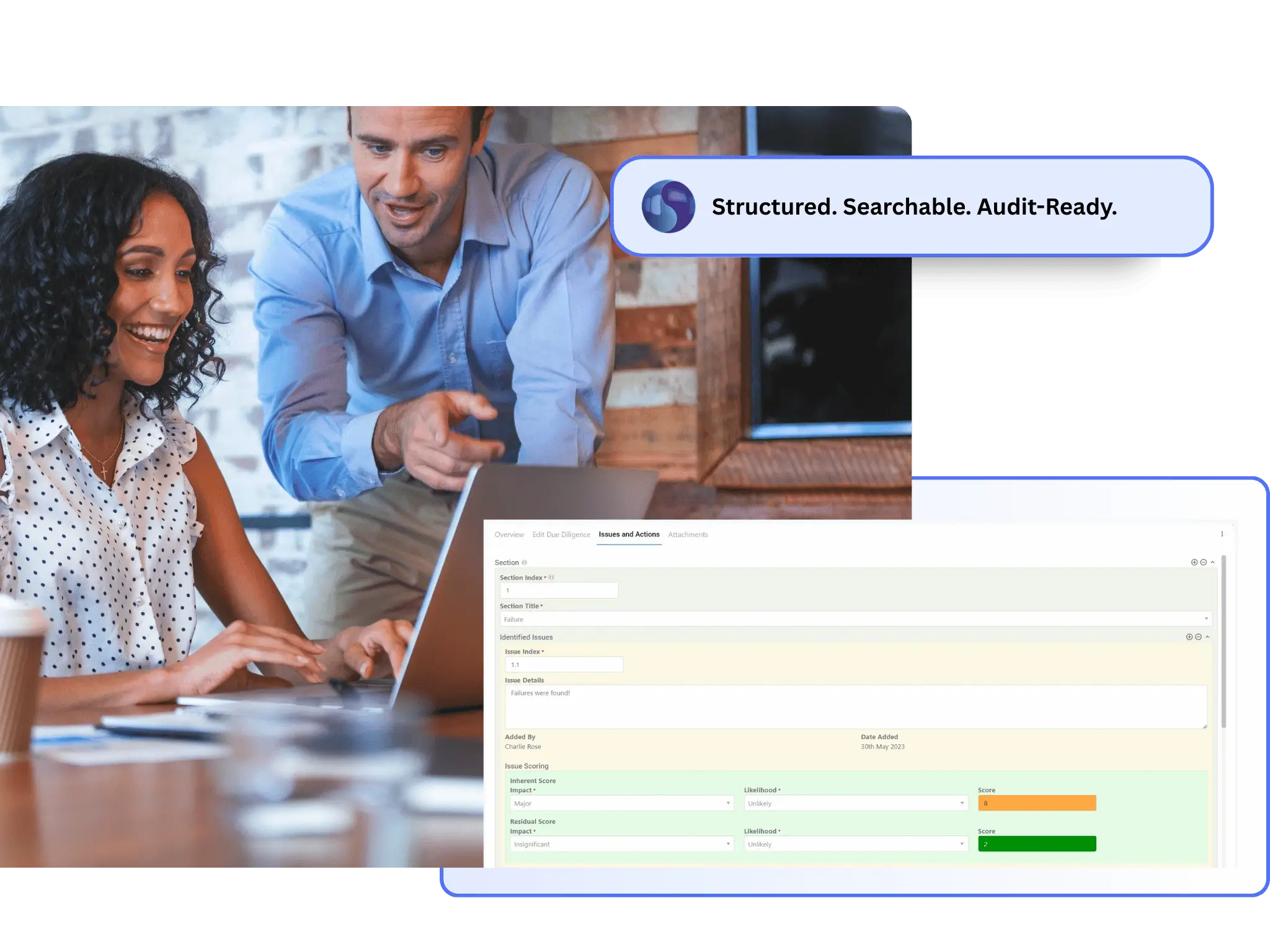 Symbiant Due Diligence Module showing structured data capture tools for company and trading info, over 20 due diligence fields, and a dashboard with advanced filtering and search capabilities for audit-ready records