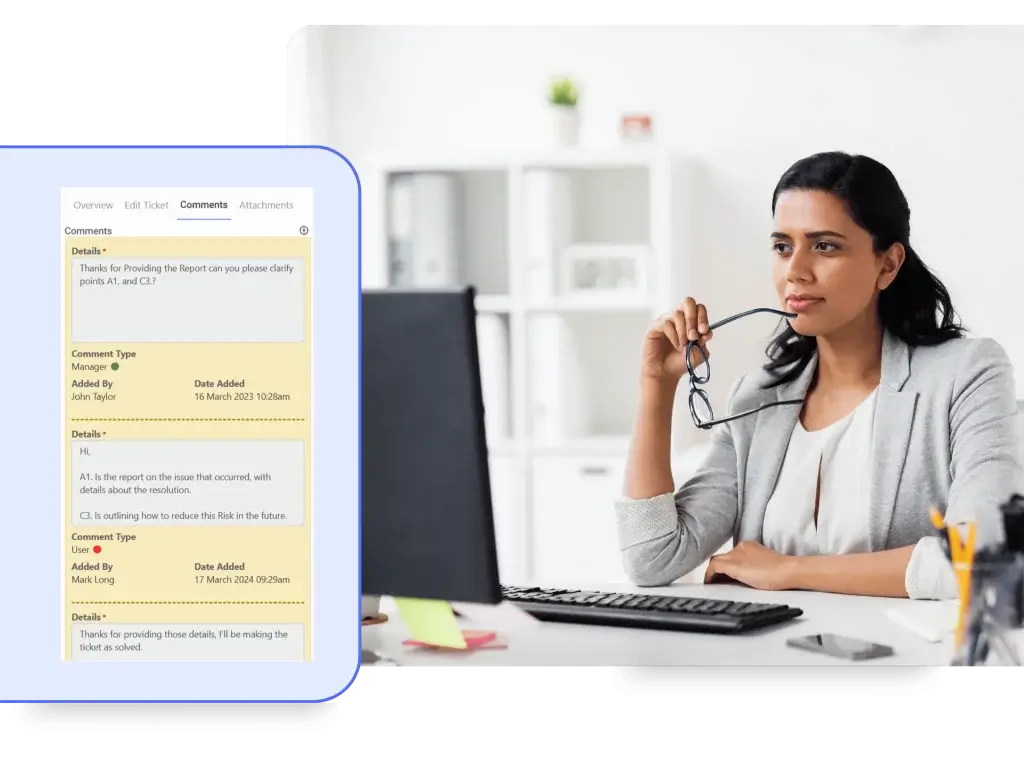 Symbiant Service Desk Module chat log interface showing secure, tamper-proof communication between users and managers for ticket collaboration, resolution discussion, and audit-ready reporting