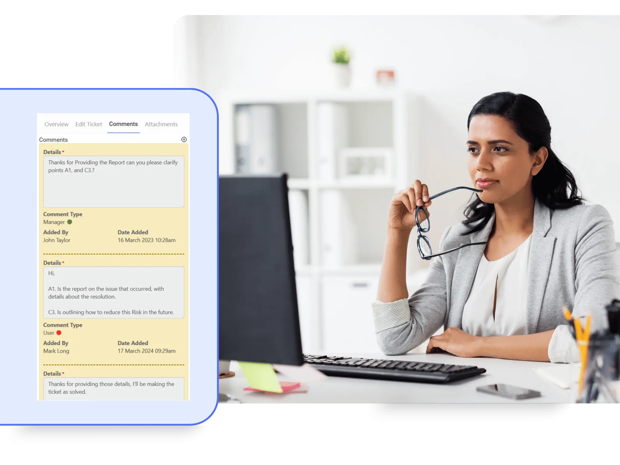 Symbiant Service Desk Module chat log interface showing secure, tamper-proof communication between users and managers for ticket collaboration, resolution discussion, and audit-ready reporting