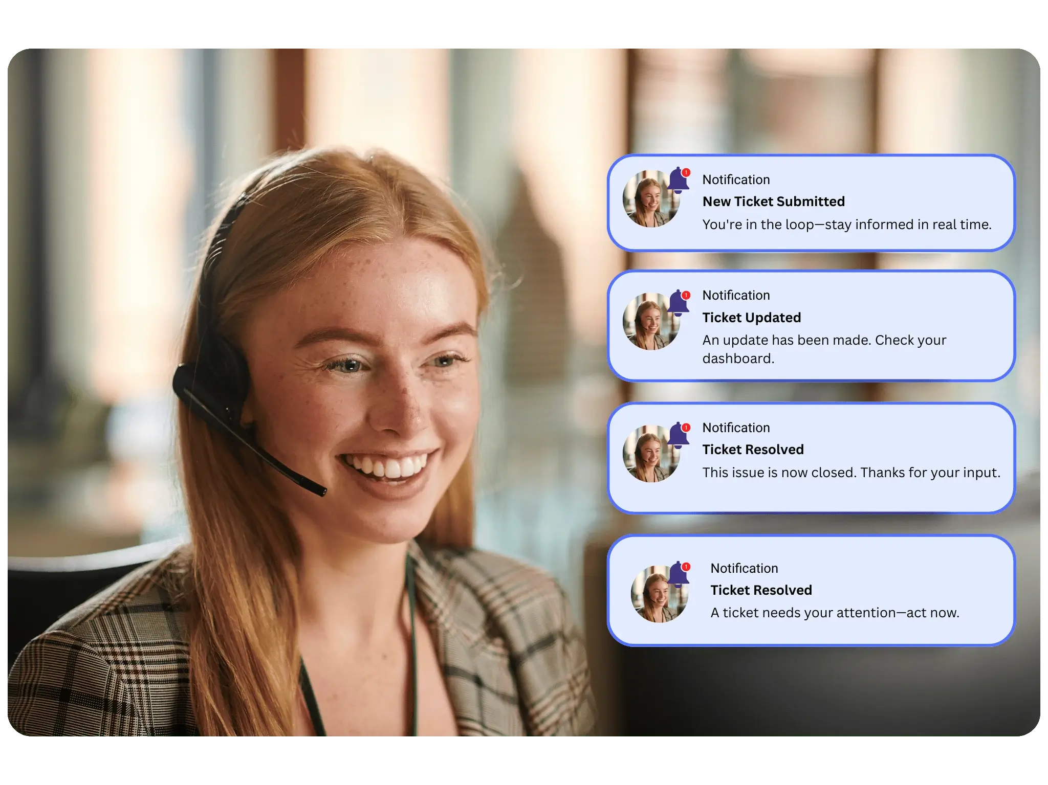 Symbiant Service Desk Module notification examples showing real-time alerts for ticket submission, updates, resolutions, and overdue actions to keep teams informed automatically