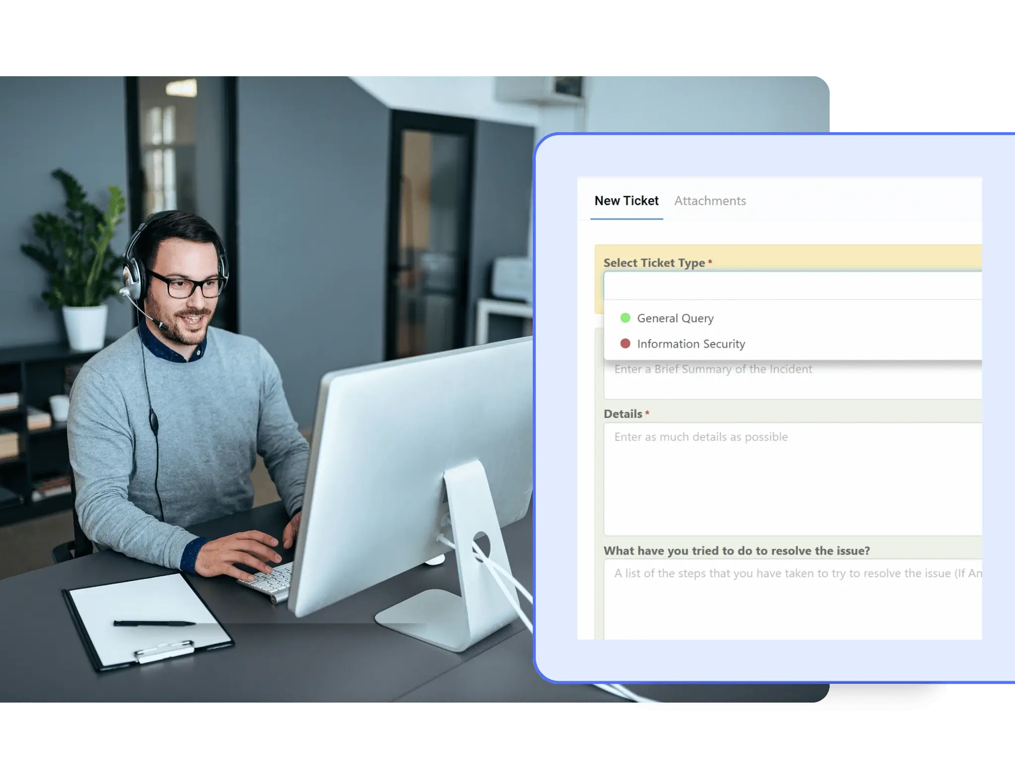 Symbiant Service Desk Module showing a customisable ticket creation form for capturing business issues, change requests, and day-to-day operational data