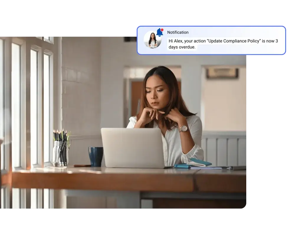 Symbiant software showing automated email alerts and real-time notifications for compliance actions, ensuring timely updates and escalations without manual follow-ups
