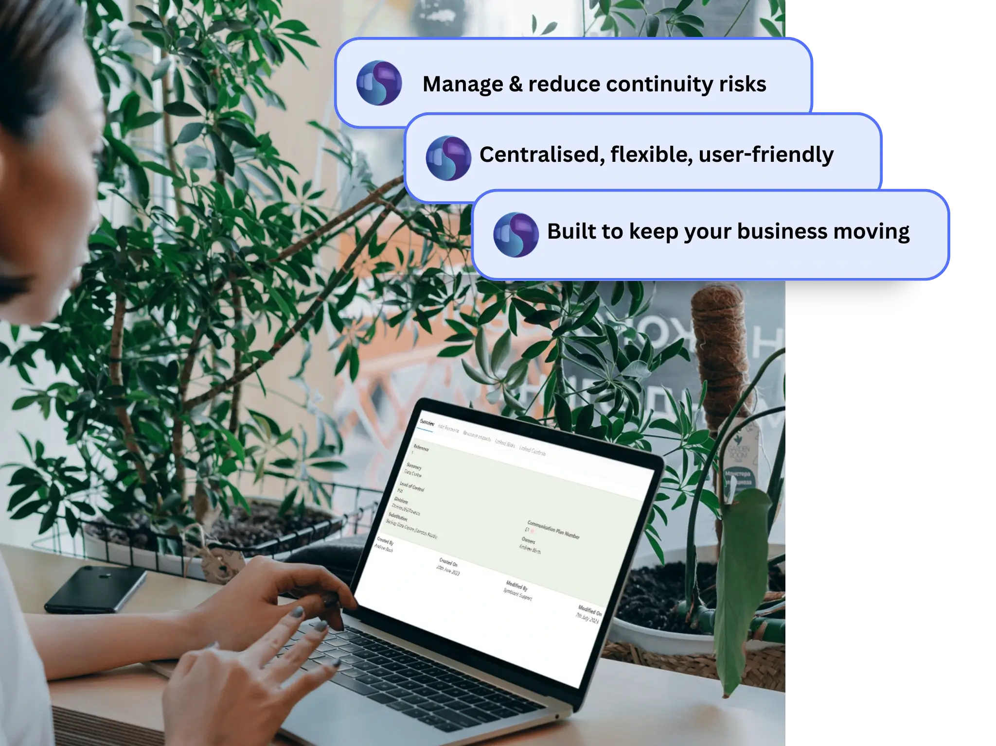 Symbiant’s Business Continuity Planning Software, highlighting centralised risk management, flexible design, and tools to keep businesses operational during disruptions.