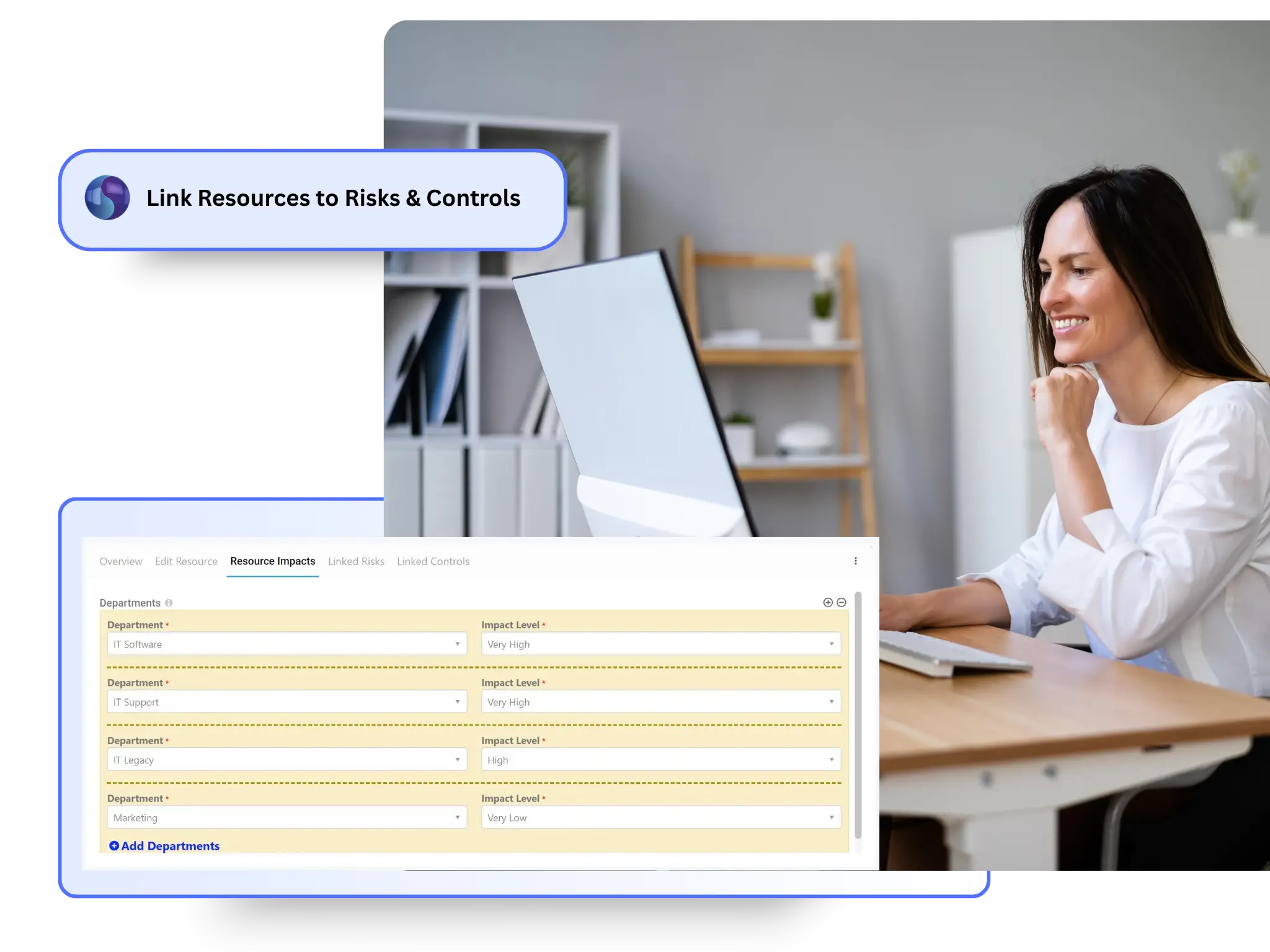 Symbiant’s Business Continuity module links resources to the Risk Register and Controls modules, helping identify failure points, apply mitigation controls, and maintain continuity visibility across the GRC landscape.