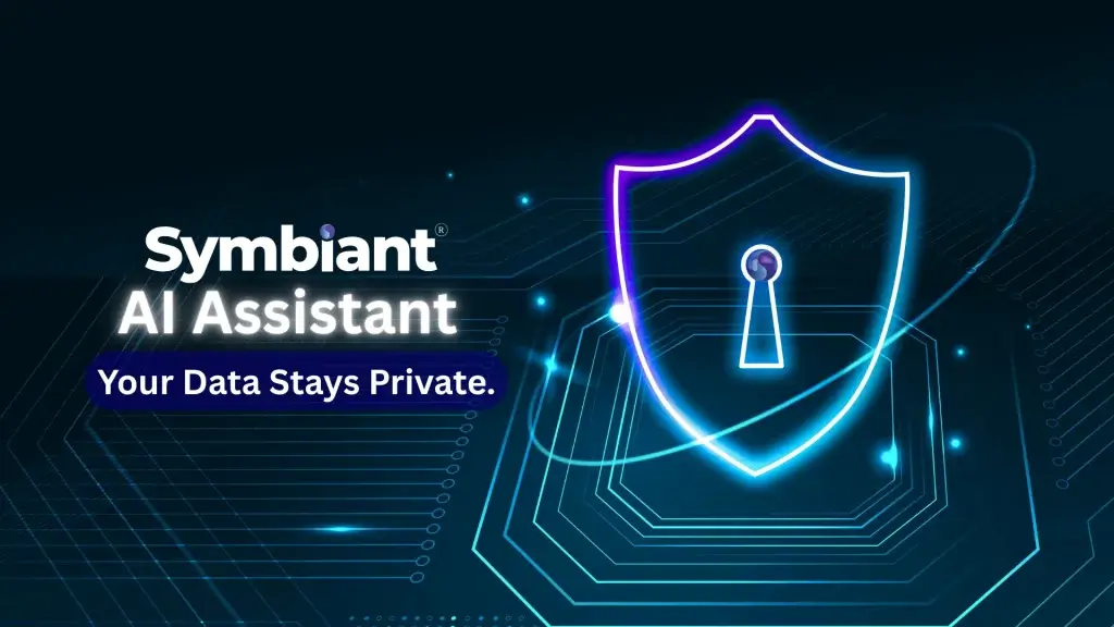 Symbiant’s Responsible AI overview showing human-centred design, logic-based risk scoring, strict data privacy, embedded automation, and optional AI features—designed to enhance governance, risk, and compliance without replacing human control.