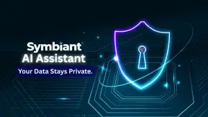 Symbiant’s Responsible AI overview showing human-centred design, logic-based risk scoring, strict data privacy, embedded automation, and optional AI features—designed to enhance governance, risk, and compliance without replacing human control.