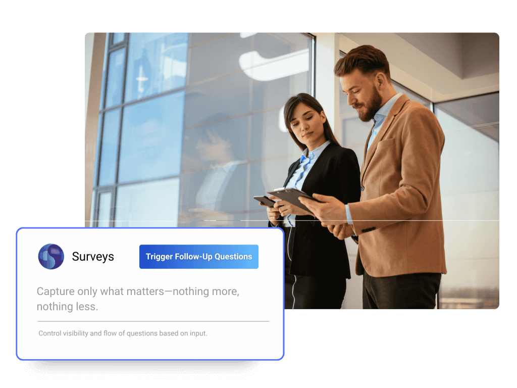 Collect smarter data with dynamic, rule-based questionnaires. Symbiant lets you use conditional logic and nested questions to trigger follow-ups, ensure relevance, and automate pass/fail outcomes. Combine tick boxes, multiple choice, free text, and file uploads for complete, tailored assessments.