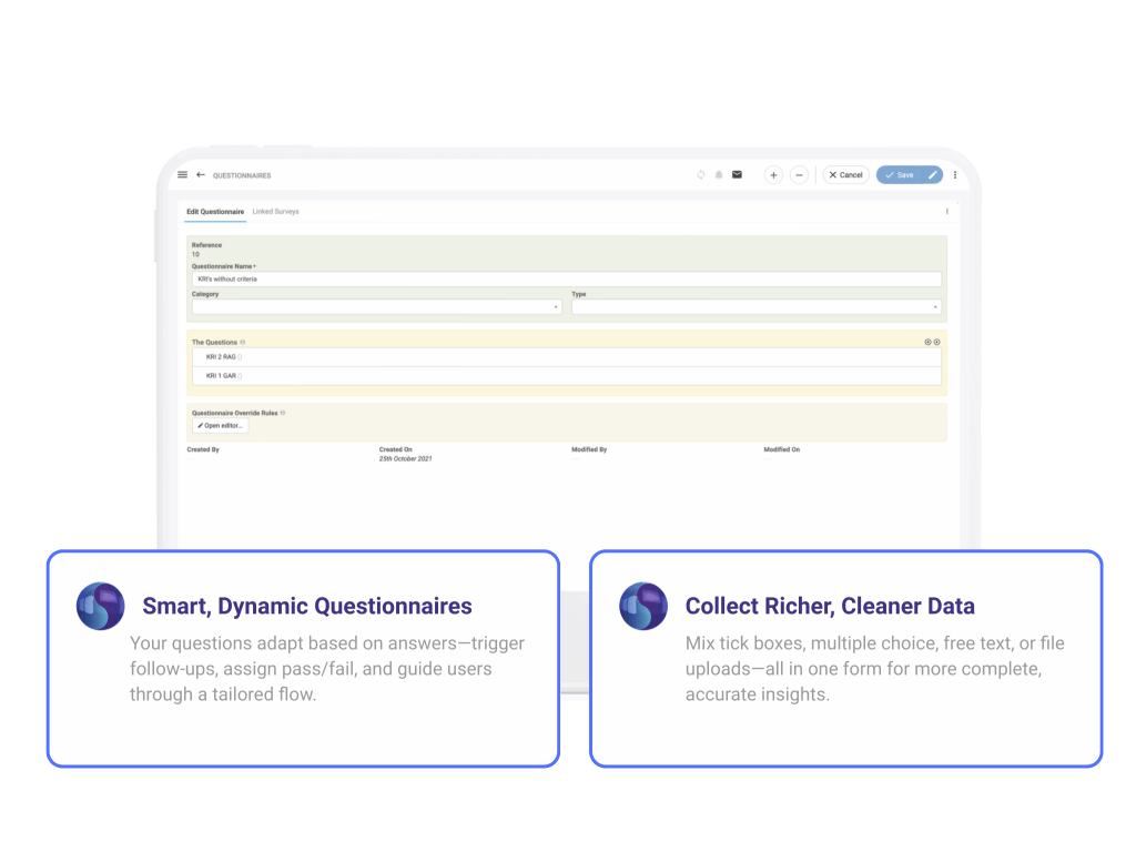 An adaptive questionnaire software interface showing how conditional logic guides users through customised question paths based on their answers. The visual highlights features like automated pass/fail outcomes and follow-up questions triggered by specific responses. The second part of the image showcases a flexible form builder supporting multiple response types, including tick boxes, multiple choice, free text, and file uploads—designed to help organisations collect more accurate, complete, and relevant data.