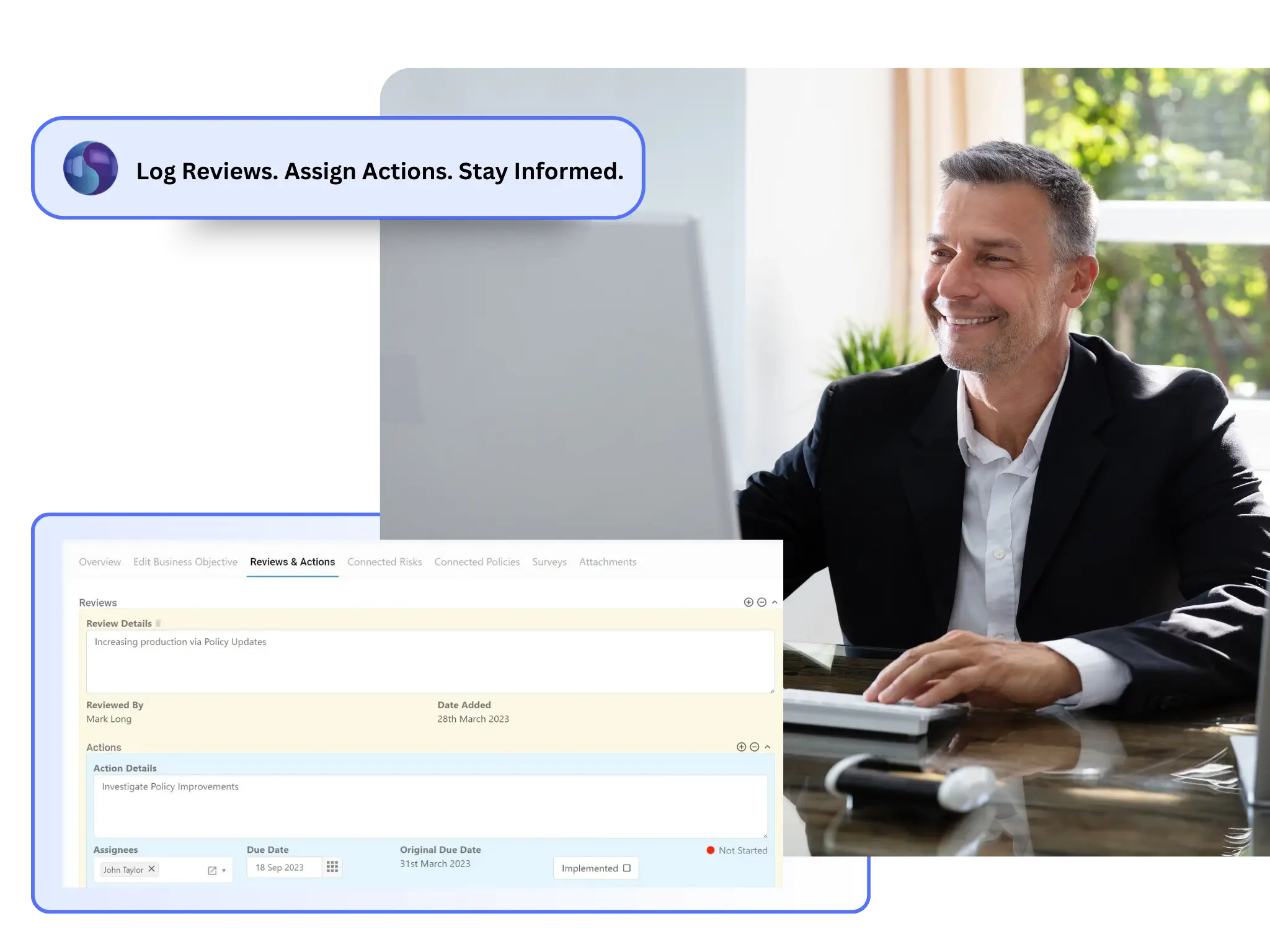 Symbiant Business Objectives Module overview showing how users can set objective appetites, monitor risk impact in real time, and link objectives to any module—including Risk Registers, Controls, and Assessment Questionnaires—for a fully integrated view and reporting