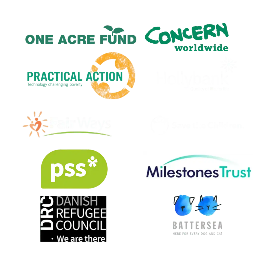 Trusted by charities and non-profits including Save the Children, Battersea, Hollybank, Danish Refugee Council, Concern Worldwide, Practical Action, Fair Ways, PSS, One Acre Fund, and Milestones