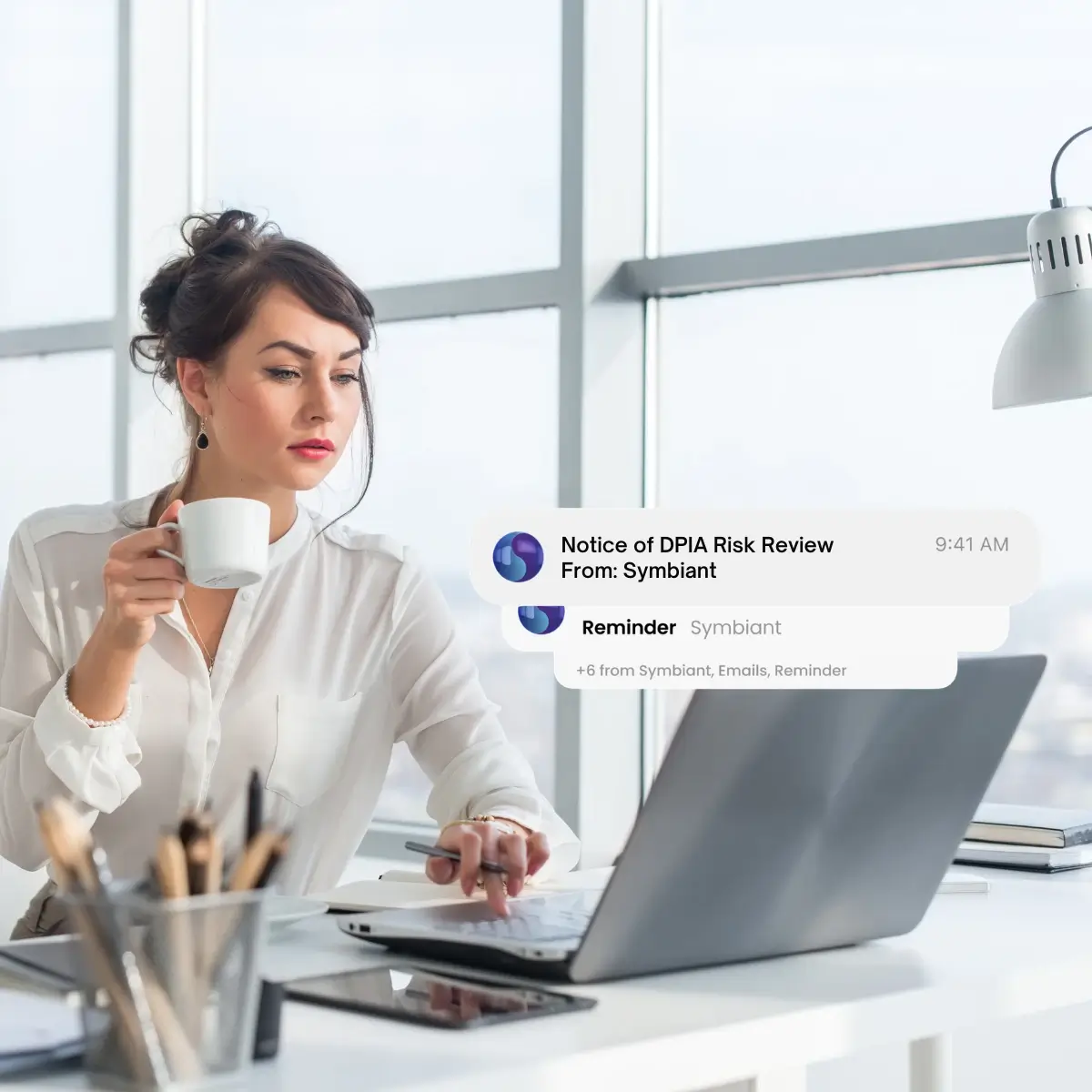 Symbiant DPIA software displaying automated email notifications for new actions, due dates, and overdue tasks