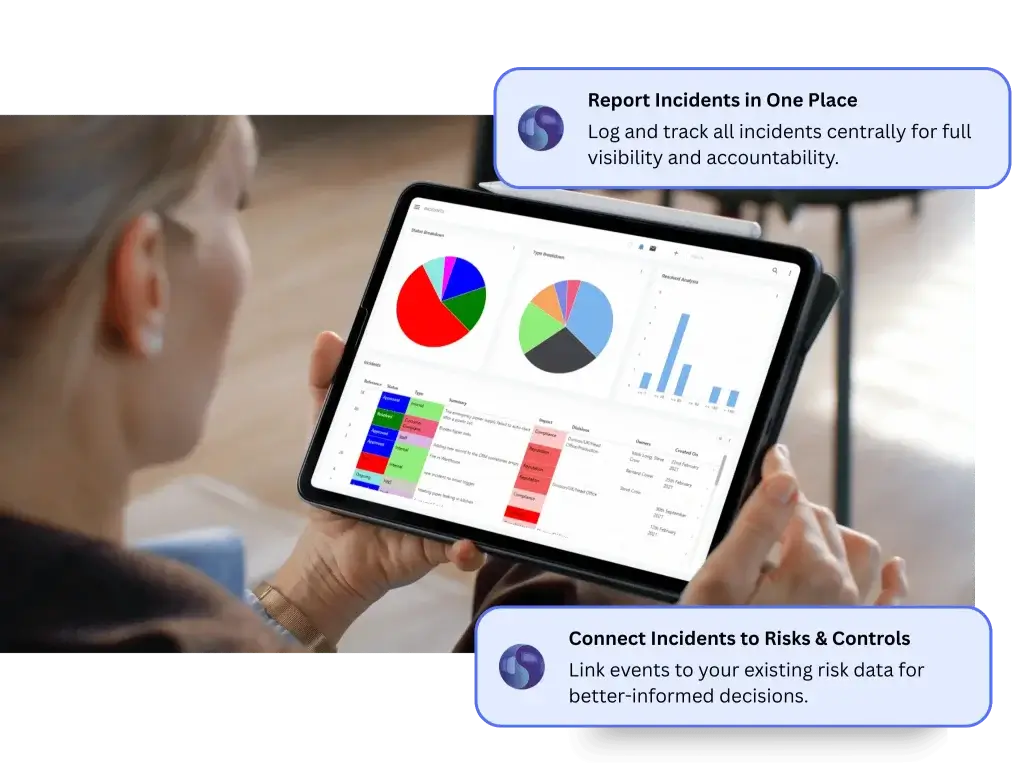 Symbiant Risk Incident Reporter Software showing a centralised incident reporting dashboard for managing risks, incidents and corrective actions.