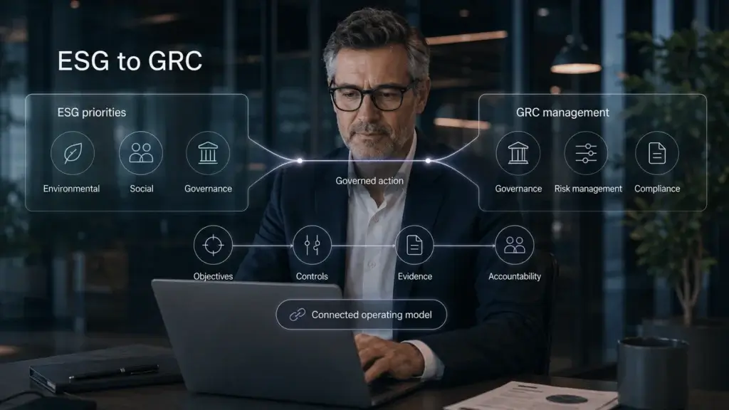 Business leader connecting environmental, social and governance priorities with GRC processes, controls, evidence and accountability