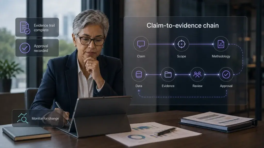 Compliance professional tracing a sustainability claim through scope, methodology, data, evidence, review, approval and ongoing monitoring