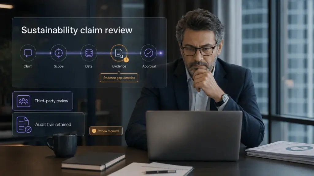 Compliance professional using ESG software to identify an evidence gap in a sustainability claim before review and approval