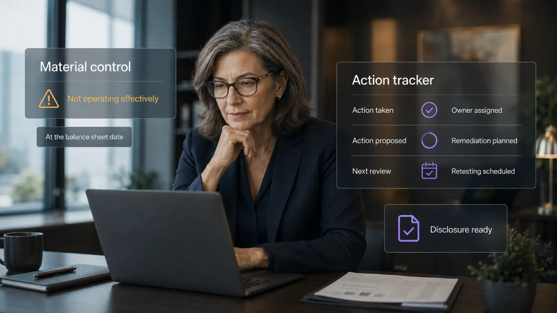 Governance professional reviewing a material control weakness, remediation actions, ownership and scheduled retesting for Provision 29 disclosure.