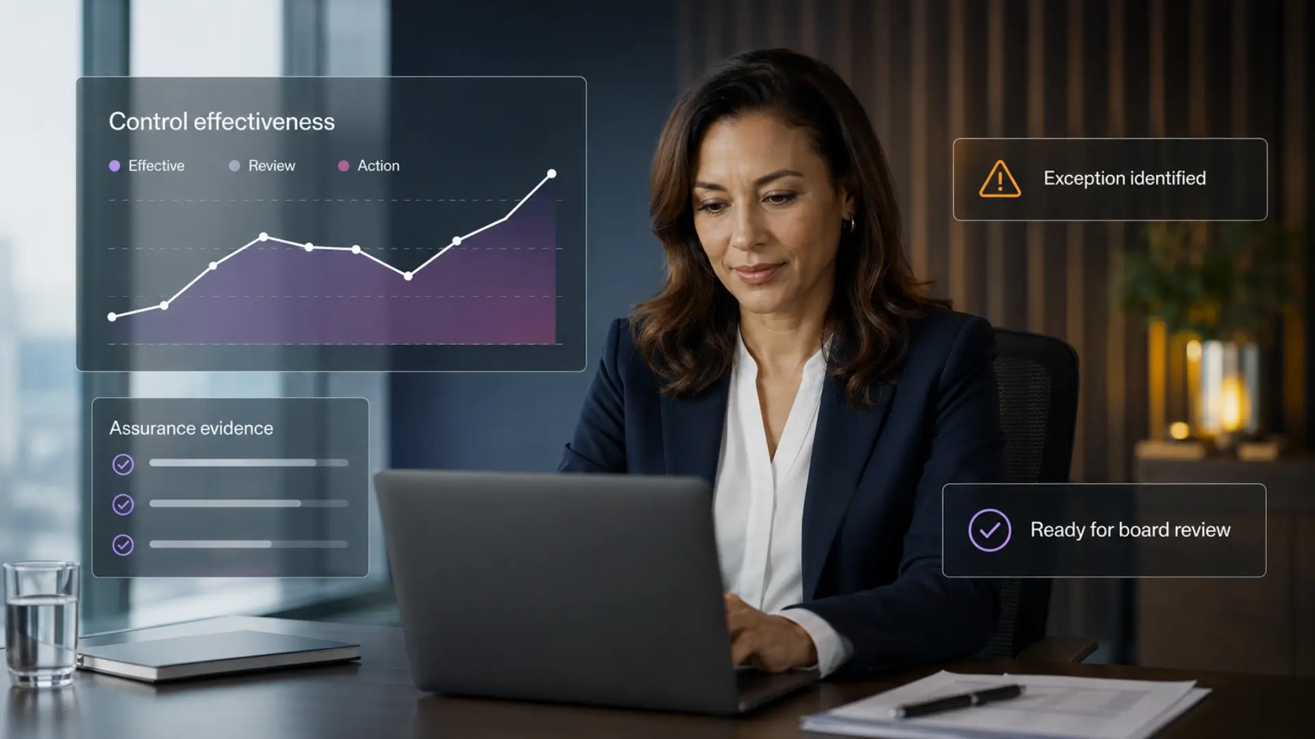 Governance professional reviewing control effectiveness, assurance evidence, exceptions and board-review status in a connected GRC platform.
