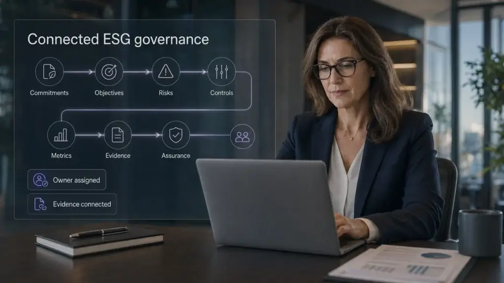Sustainability professional reviewing a connected ESG governance chain linking commitments, objectives, risks, controls, metrics, evidence and assurance